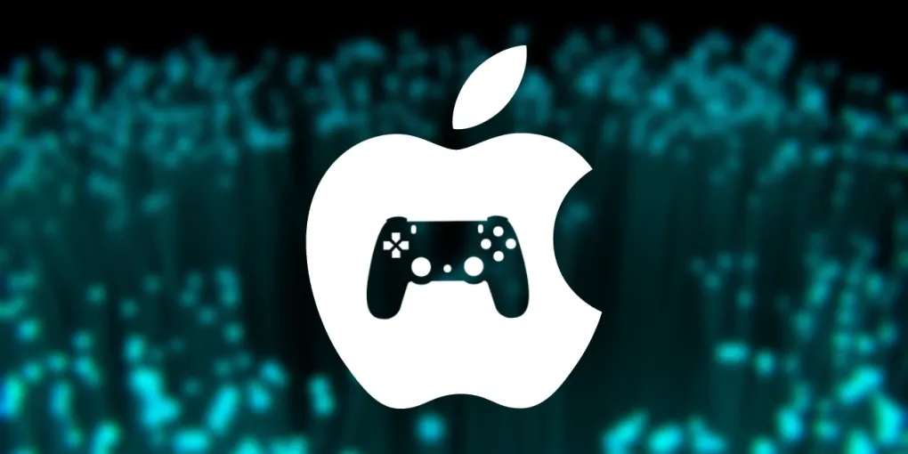 Calming background with an icon which fuses the Apple Logo and a Gaming Controller